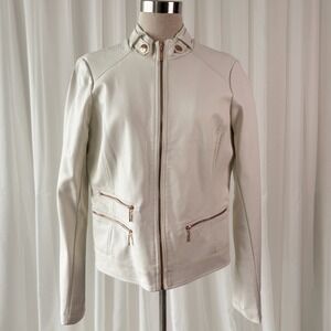 Guess White Jacket Rose Gold Zip Moto Minimalist Cropped Women's Large